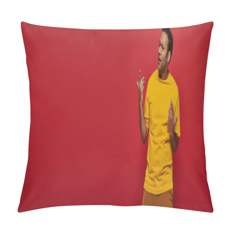 Personality  Emotional Indian Man In Bright Casual Clothes Gesturing While Explaining Something On Red, Banner Pillow Covers