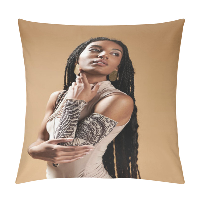 Personality  A Young Woman Showcases Her Stylish Attire And Striking Arm Adornments With Elegance And Poise. Pillow Covers