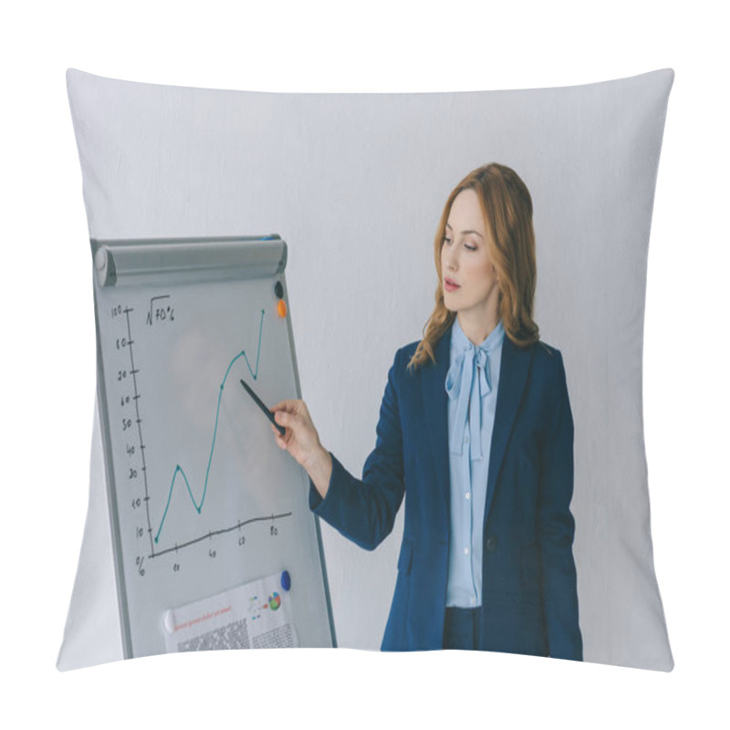 Personality  Portrait Of Businesswoman Pointing At Diagram On White Board In Office Pillow Covers