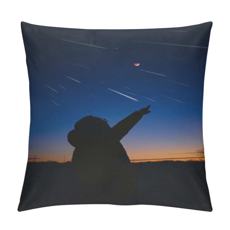 Personality  Silhouette Of A Man With Milky Way Starry Skies, Lunar Eclipse And Meteor Shower. Pillow Covers