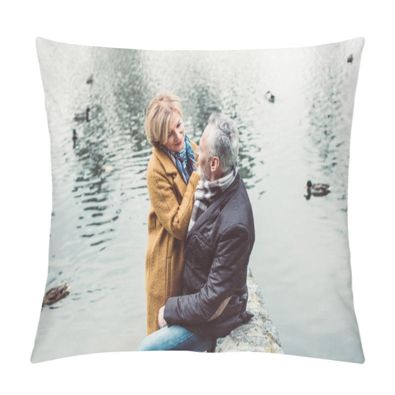 Personality  Happy Mature Couple Hugging Near Lake  Pillow Covers