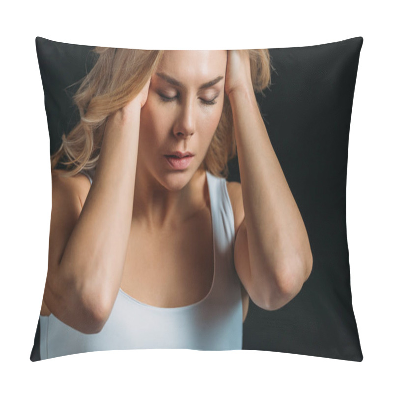 Personality  Woman With Closed Eyes Suffering From Migraine Isolated On Black Pillow Covers