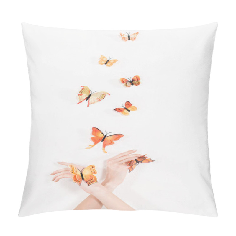 Personality  Cropped View Of Woman With Crossed Arms Near Orange Butterflies Flying On White Background, Environmental Saving Concept  Pillow Covers