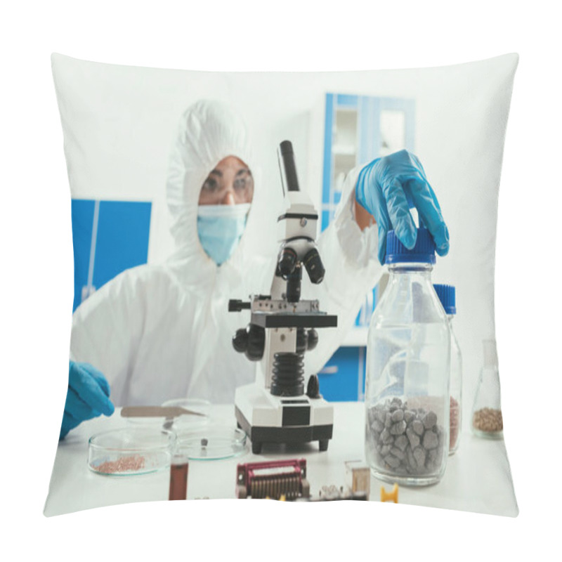 Personality  Engineer In Hazmat Suit Holding Jar With Gravel Near Microscope And Computer Motherboard Pillow Covers