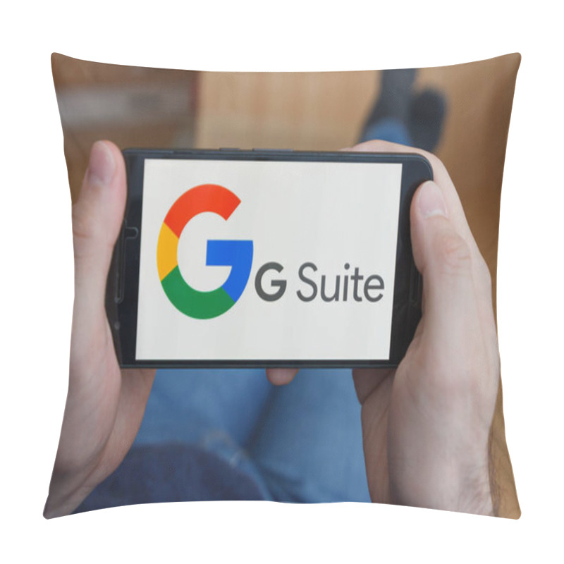 Personality  LOS ANGELES, CALIFORNIA - JUNE 3, 2019: Close Up To Male Hands Holding Smartphone Using G Suite Application. An Illustrative Editorial Image Pillow Covers