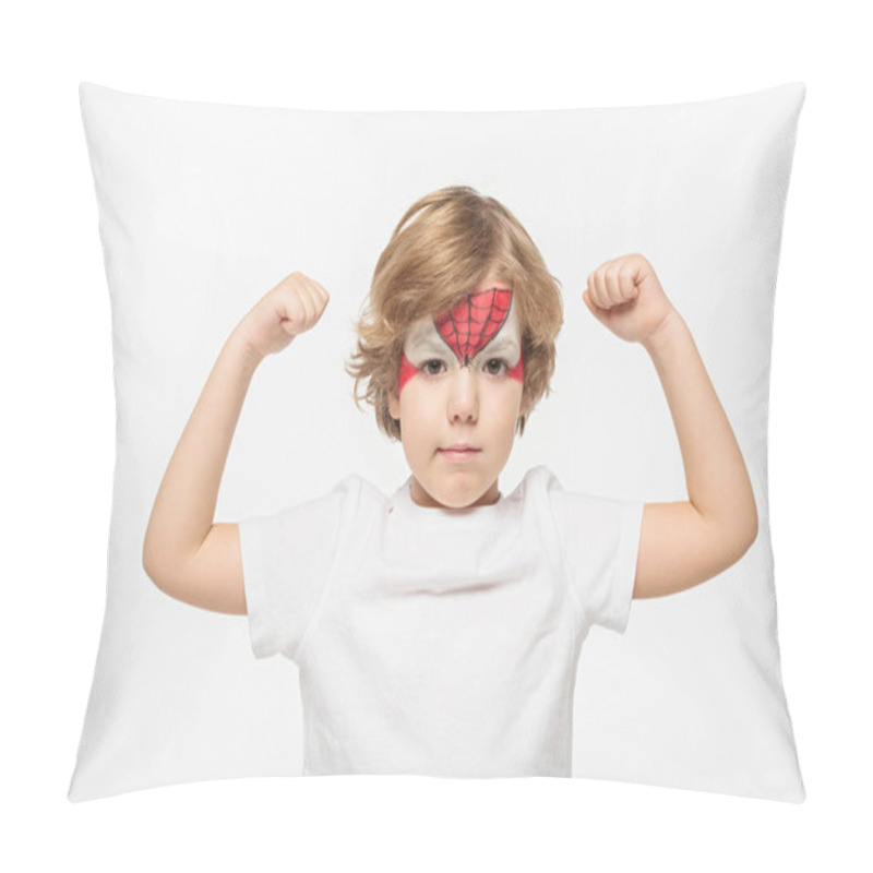 Personality  Adorable Boy With Superhero Mask Painted On Face Demonstrating Power Isolated On White Pillow Covers