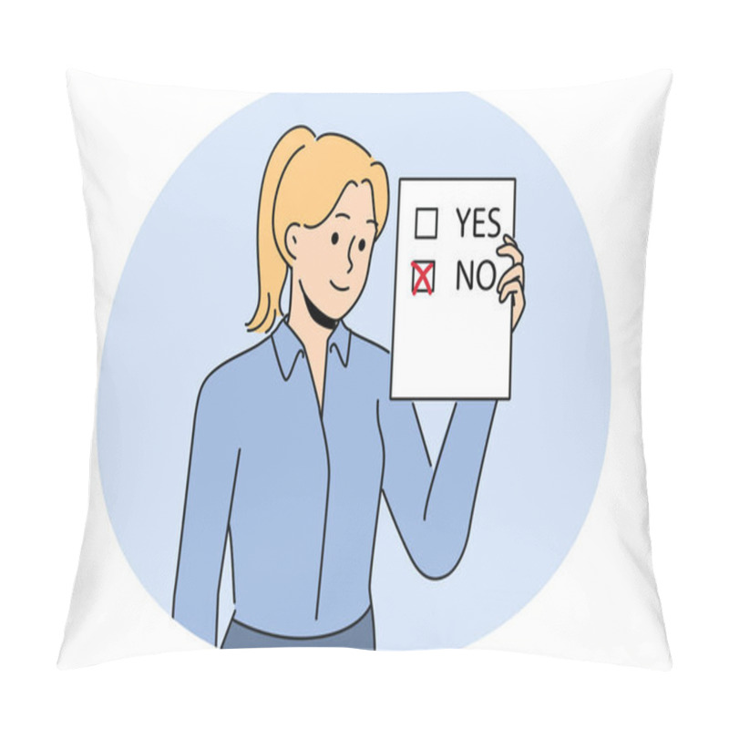 Personality  Woman Voter Demonstrates Ballot For Presidential Elections Or Referendum With Chosen Answer No. Voter Holds Questionnaire Designed To Survey Population On Socially Important Topics. Pillow Covers