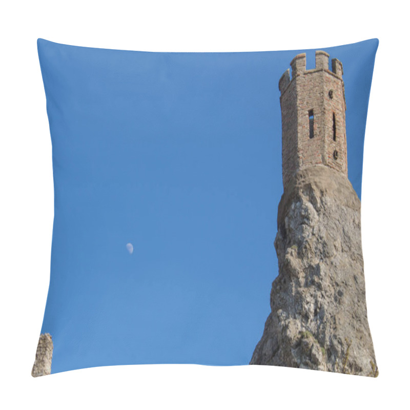 Personality  Part Of Ruins Of Castle Devin In Slovakia.  Maiden Tower, Built On The Edge Of A High Rock. Bright Blue Sky With Moon. Pillow Covers