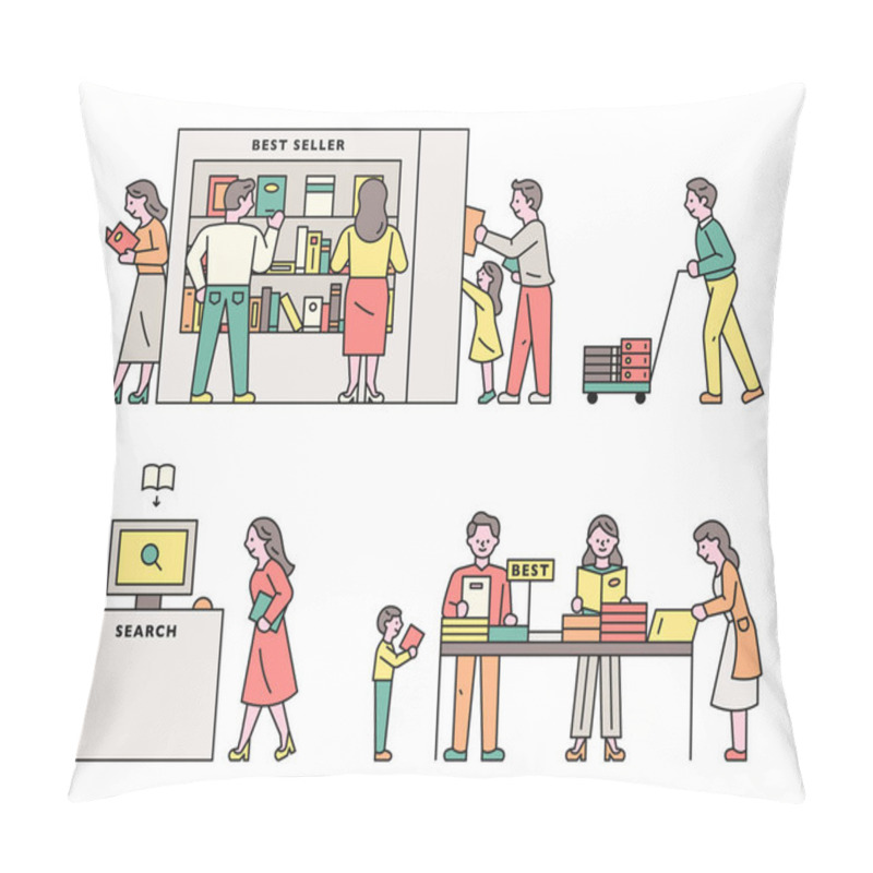 Personality  Many Customers In Bookstore. Flat Design Style Minimal Vector Illustration. Pillow Covers