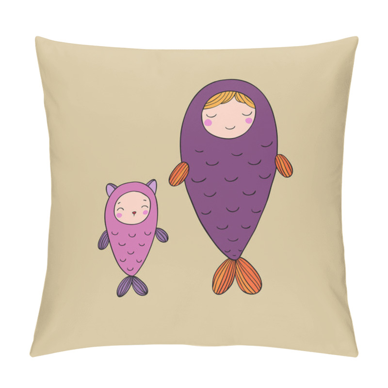 Personality  Two Cute Fairy Fish. Cat And Girl. Sea Theme. Beautiful Mermaid Pillow Covers