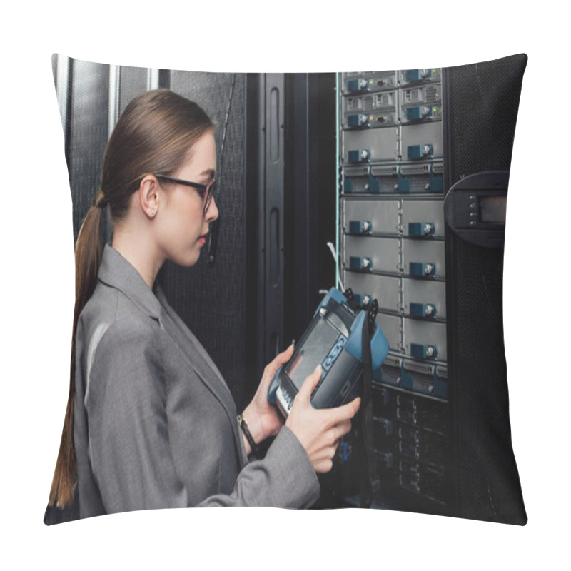 Personality  Side View Of Businesswoman Holding Reflectometer In Data Center  Pillow Covers