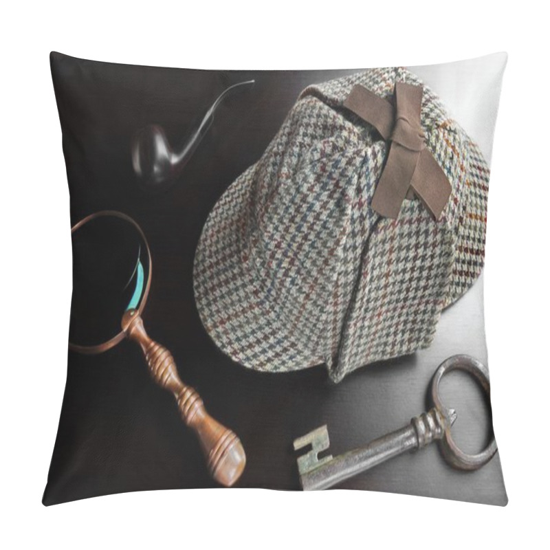 Personality  Sherlock Deerstalker Hat,  Pipe, Key And Magnifier On Black Tabl Pillow Covers