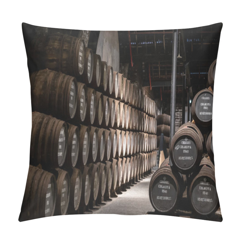 Personality  Old Porto Lodge With Rows Of Oak Wooden Casks For Slow Aging Of Fortified Ruby Or Tawny Porto Wine In Vila Nova De Gaia, North Of Portugal Pillow Covers