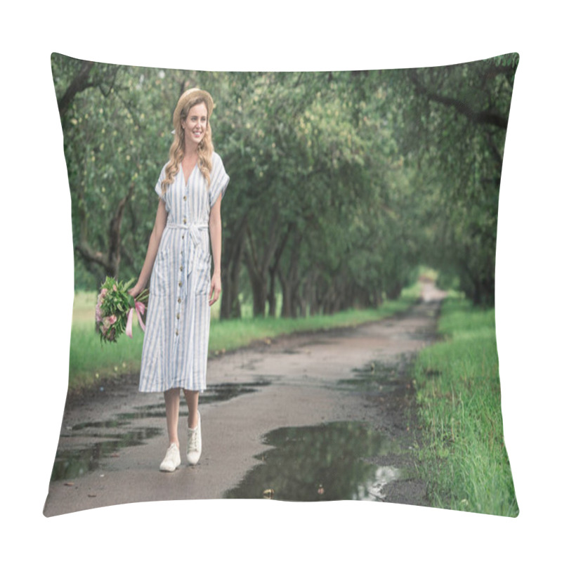 Personality  Attractive Elegant Woman In Trendy Dress Holding Flowers And Standing On Path In Orchard Pillow Covers