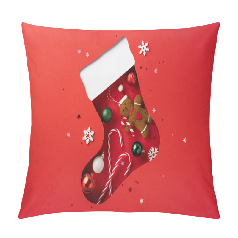 Personality  A Playful Christmas Sock Cutout Filled With Festive Items Like Ornaments, A Gingerbread Man, And Candy Canes Showcasing Holiday Spirit And Creativity Pillow Covers