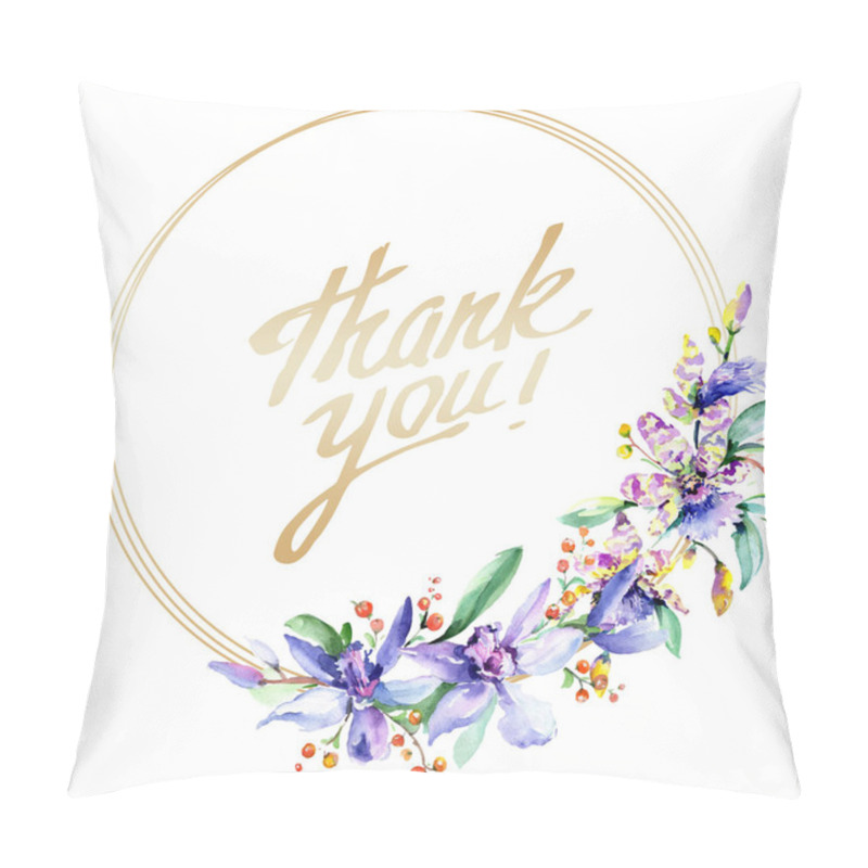 Personality  Frame With Pink And Purple Orchid Flowers. Watercolour Drawing Fashion Aquarelle Isolated. Ornament Border With Thank You Sign Pillow Covers