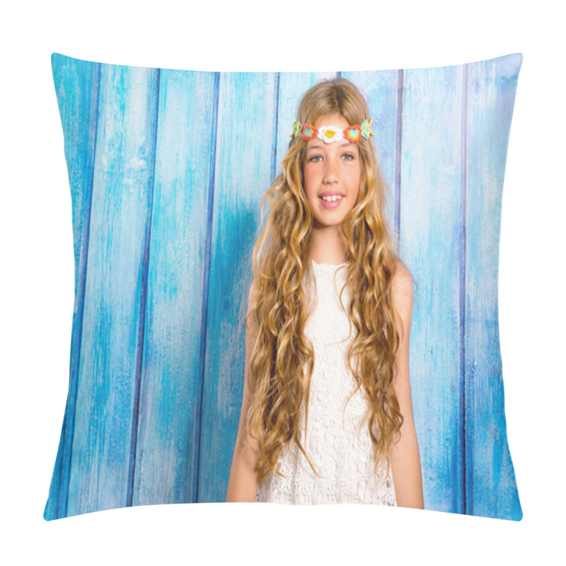 Personality  Blond Happy Hippie Children Girl Smiling On Blue Wood Pillow Covers