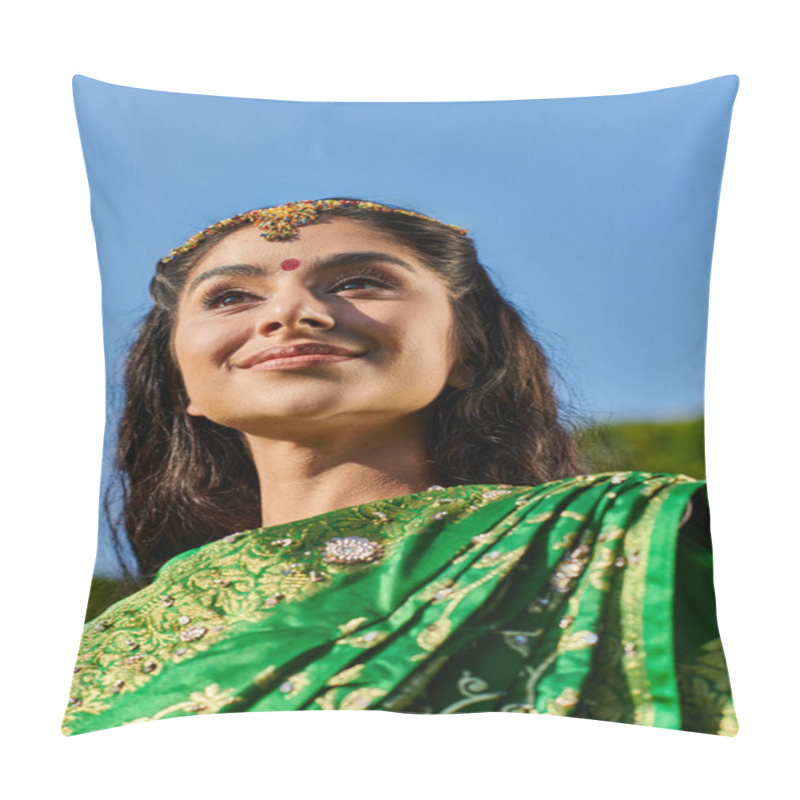 Personality  Low Angle View Of Cheerful Indian Woman With Bindi And Sari Standing With Sky On Background Pillow Covers