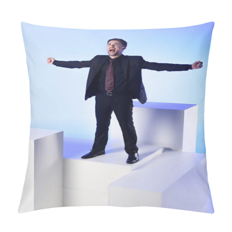 Personality  Businessman In Black Suit With Outstretched Arms Standing On White Block Isolated On Blue Pillow Covers