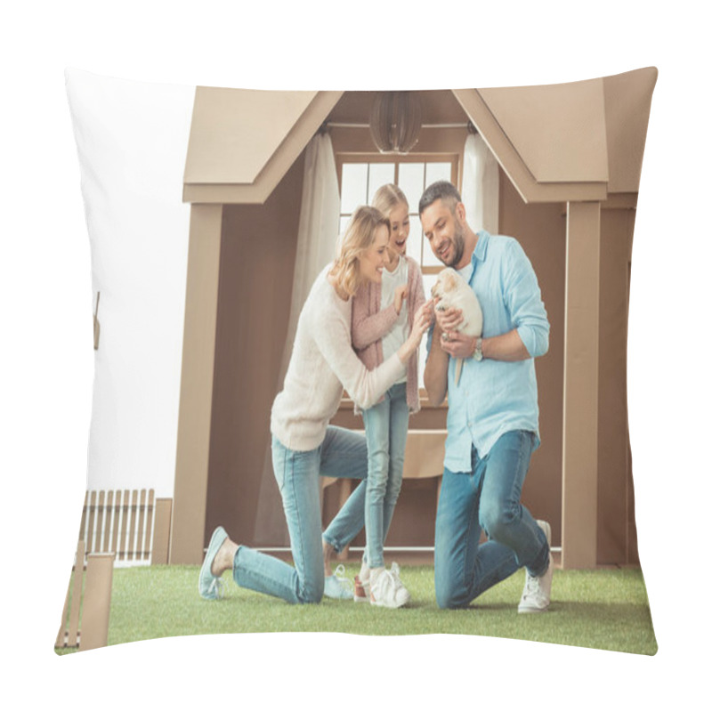 Personality  Happy Family With Adorable Labrador Puppy In Front Of Cardboard House Pillow Covers