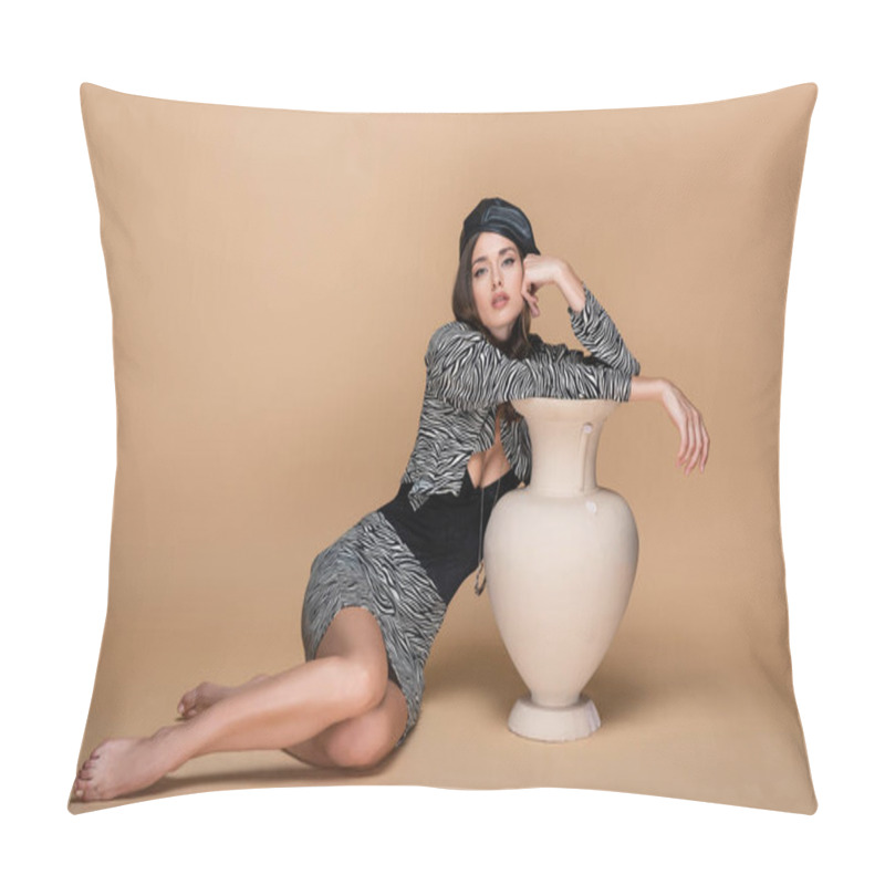 Personality  Barefoot Woman In Zebra Print Outfit And Black Beret Posing Near Clay Vase On Beige  Pillow Covers