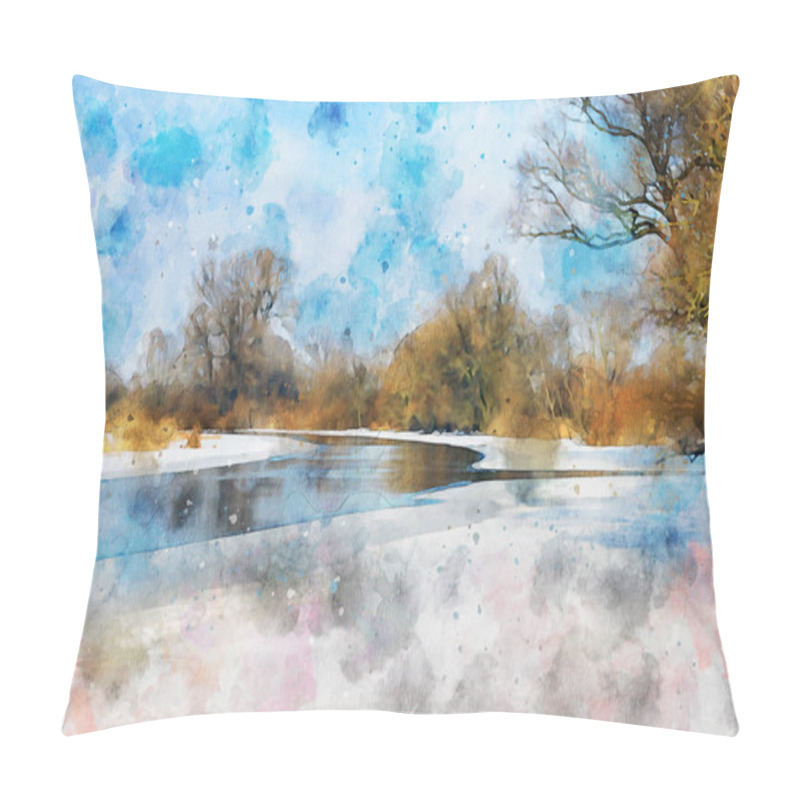 Personality  Watercolor Painting Of Havel River Winter Landscape In Germany. Snowy Havelland Region. Pillow Covers