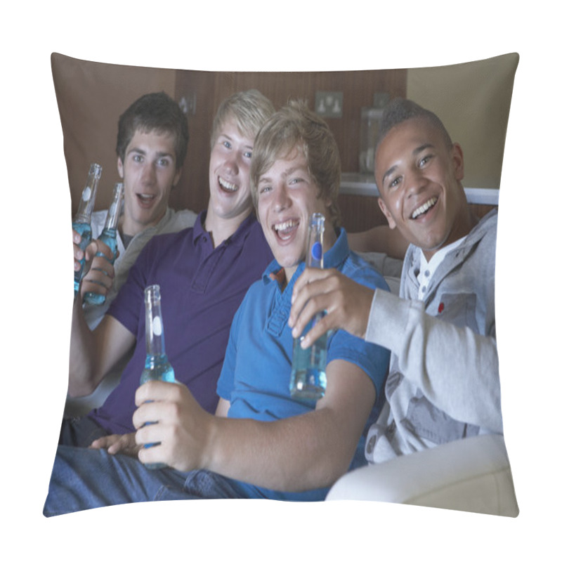 Personality  Group Of Teenage Boys Sitting On Sofa At Home Watching Drinking Pillow Covers