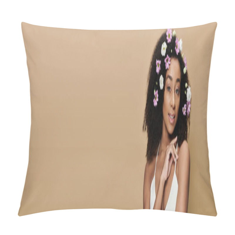 Personality  A Beautiful African American Woman With Natural Makeup And Flowers In Her Hair Smiles Against A Beige Background. Pillow Covers