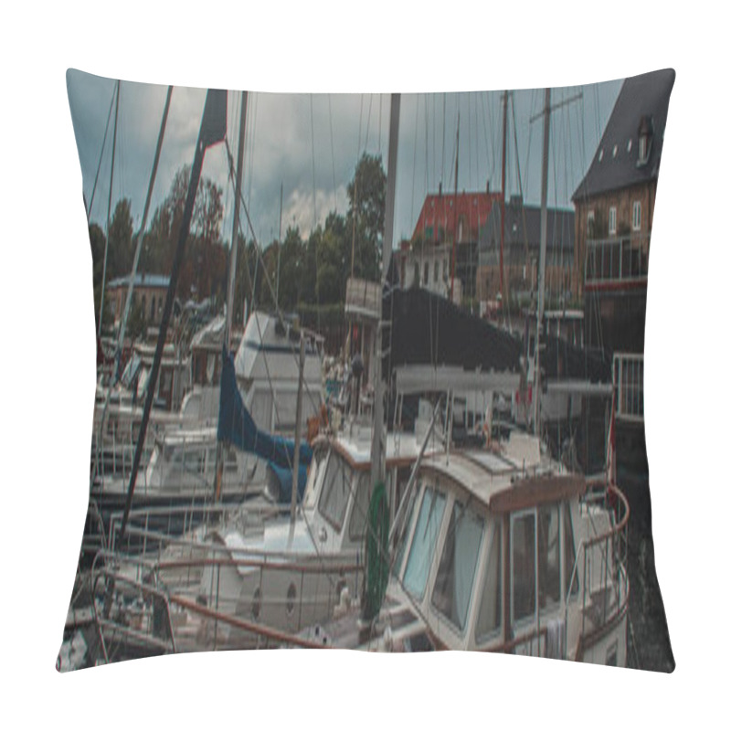 Personality  Horizontal Image Of Docked Yachts In Harbor With Cloudy Sky At Background In Copenhagen, Denmark  Pillow Covers