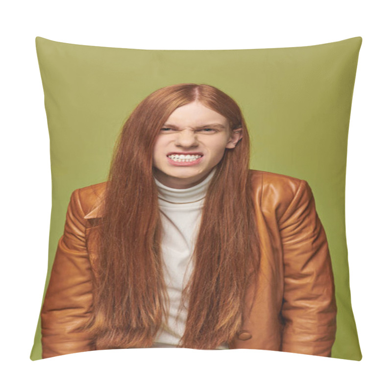 Personality  Young Man With Long Red Hair Shows Strong Emotions While Dressed In A Stylish Leather Outfit. Pillow Covers