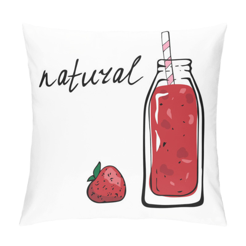 Personality  Smoothie Or Detox Cocktail Day Poster In Doodle Style. Red Smoothie With Strawberry.hand Drawn Ingredients For Smoothie Or Detox Drink In The Bottle.vector Illustration. Natural. Pillow Covers