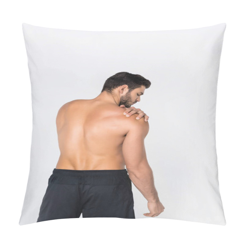 Personality  Back View Of Young Shirtless Man With Pain In Shoulder Isolated On White Pillow Covers