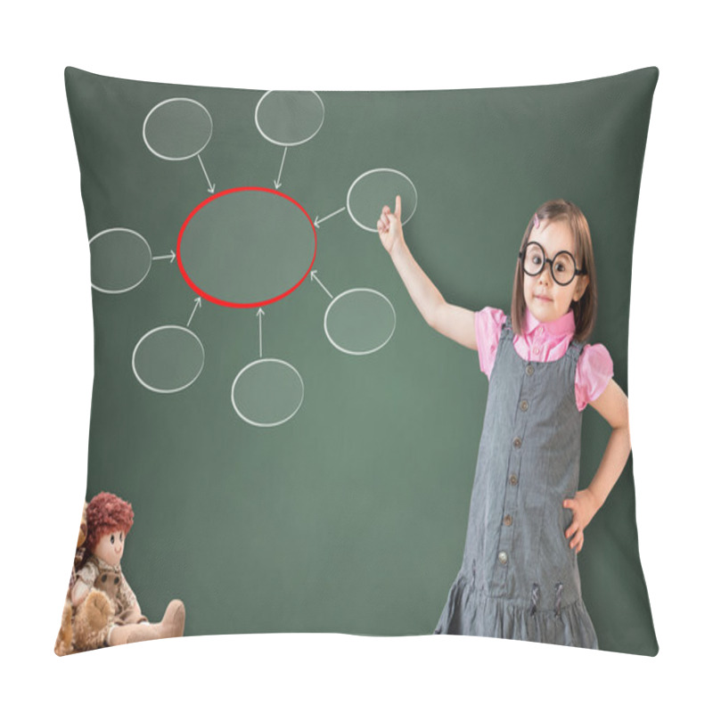 Personality  Cute Little Girl Wearing Business Dress And Showing Diagram Of Centralization On Green Chalk Board. Pillow Covers