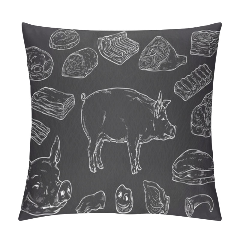 Personality  Chopped Up Pig Body Parts - White Outlines On Black Background. Pillow Covers