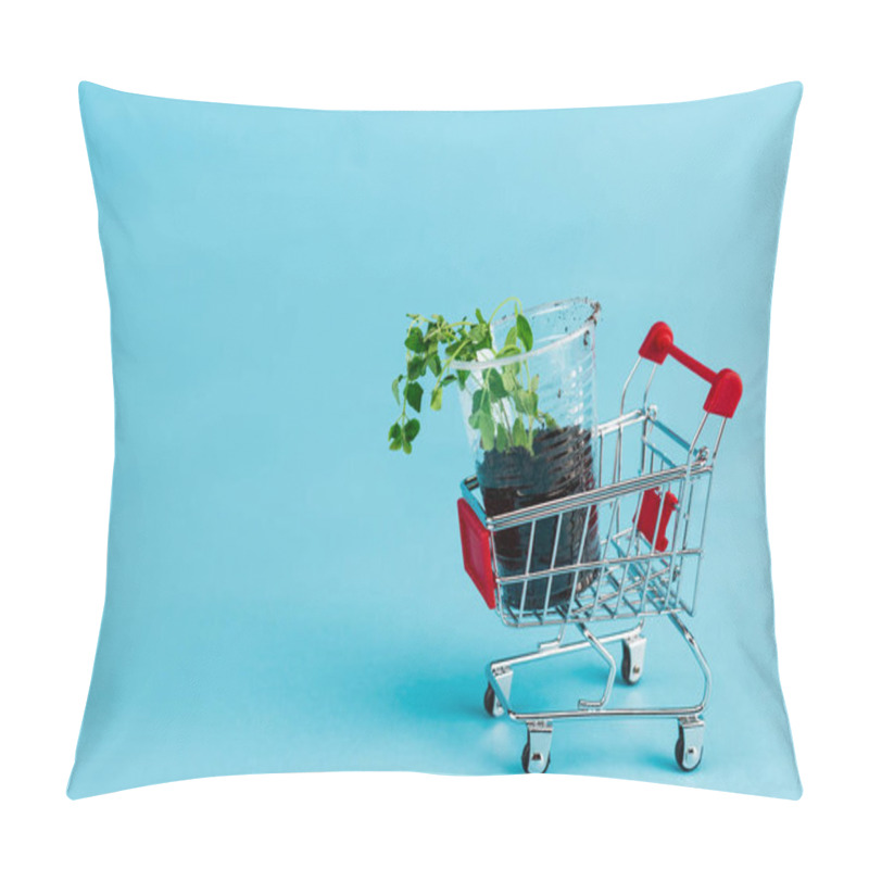 Personality  Green Seedling In Small Shopping Cart On Blue Background Pillow Covers