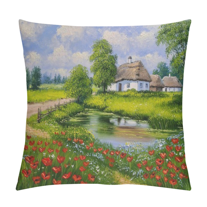 Personality  Landscape,oil Painting On Canvas. Ukraine, House In The Forest And River, Landscape With A Pond And Trees Pillow Covers