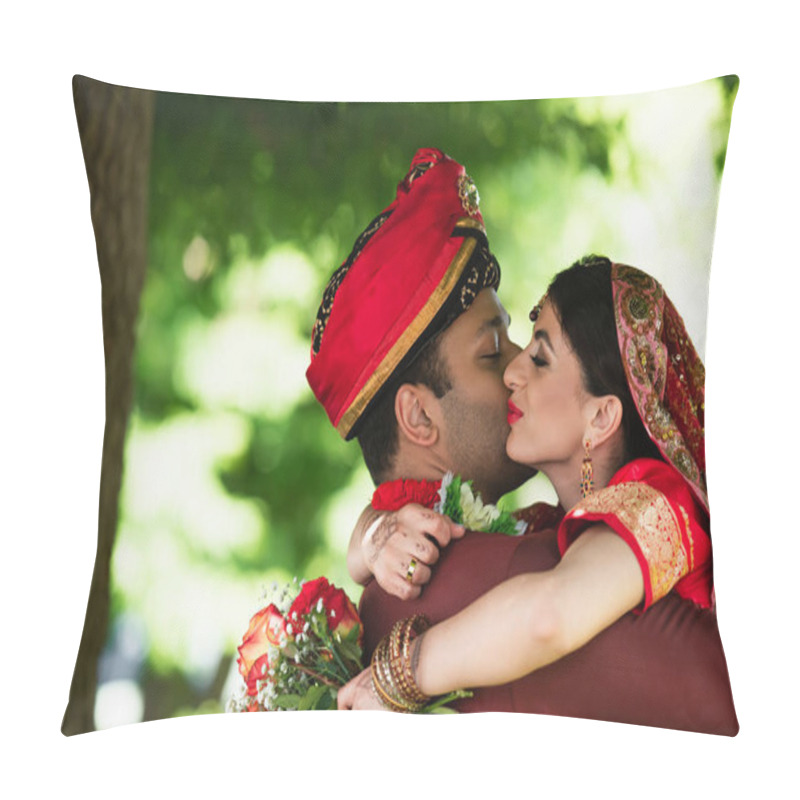 Personality  Indian Man In Turban Kissing Pretty Bride In Traditional Headscarf  Pillow Covers