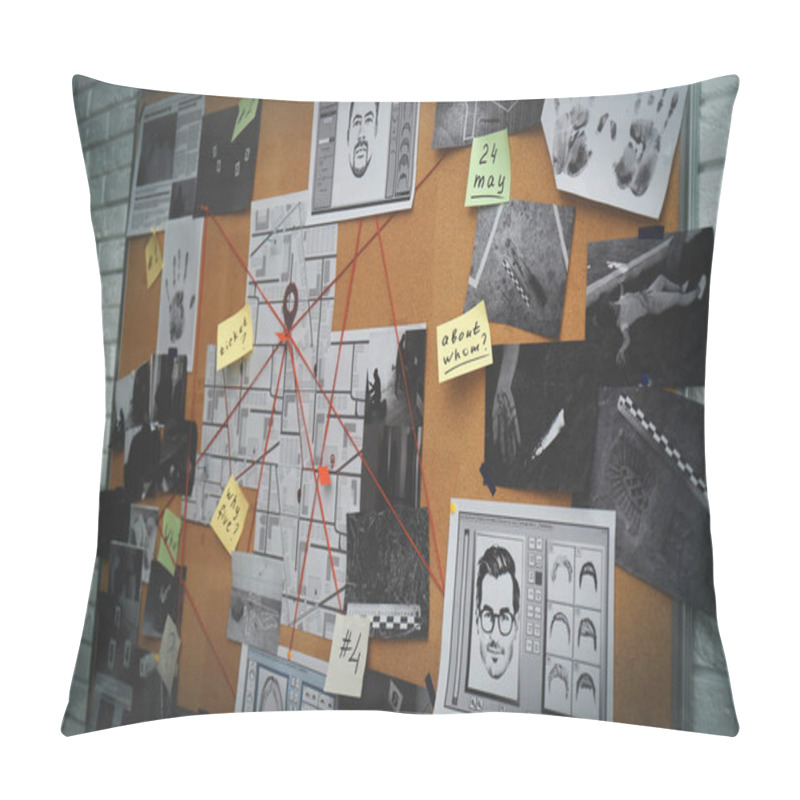 Personality  Detective Board With Stickers, Photos, Map And Clues Connected By Red String On White Brick Wall Pillow Covers