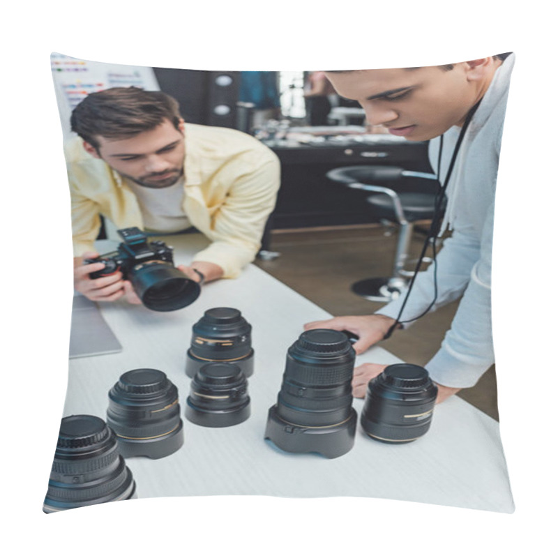 Personality  Selective Focus Of Handsome Art Director Standing Near Photographer And Looking At Photo Lenses  Pillow Covers