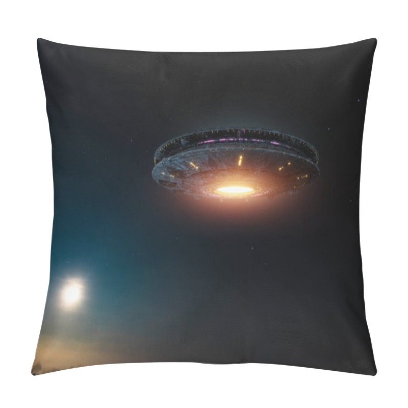 Personality  UFO, An Alien Plate Soars In The Sky, Hovering Motionless In The Air. Unidentified Flying Object, Alien Invasion, Extraterrestrial Life, Space Travel, Humanoid Spaceship Mixed Medium Pillow Covers