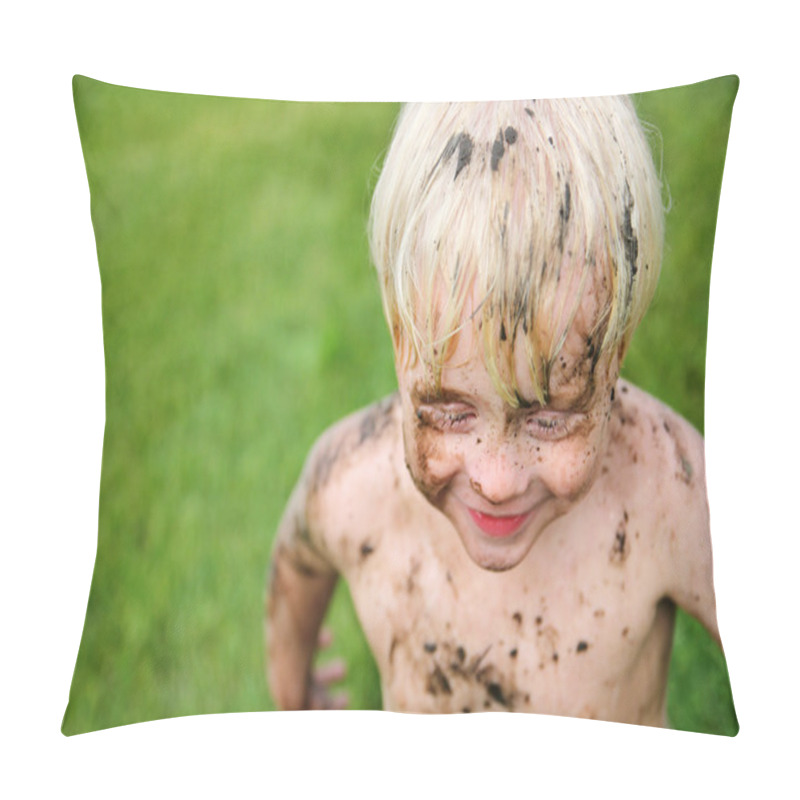 Personality  Happy Little Child Covered In Dirt PLaying Outside Pillow Covers