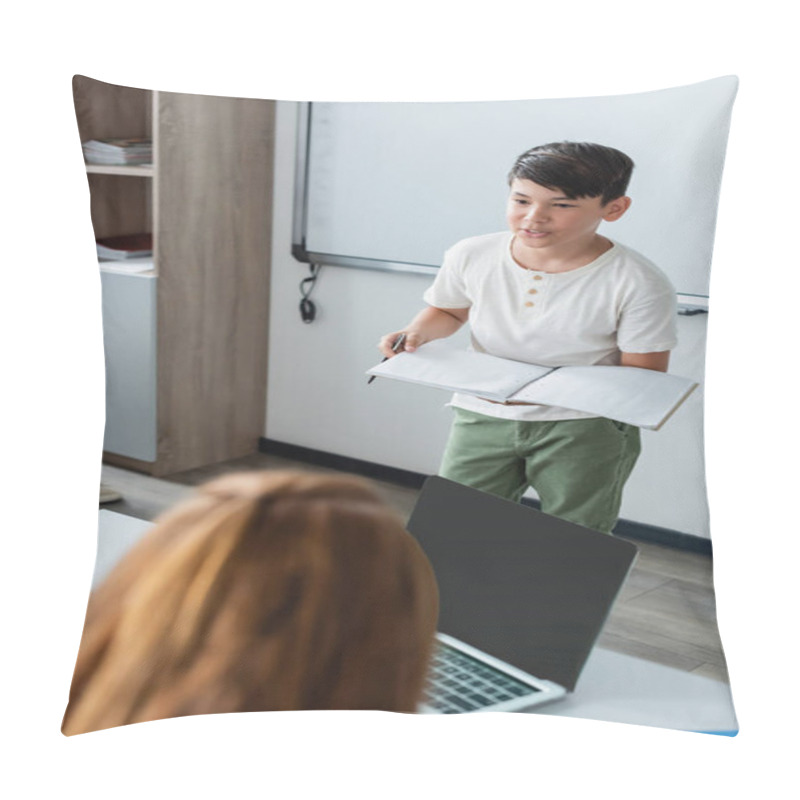 Personality  Asian Schoolboy With Pen And Notebook Talking In Classroom  Pillow Covers