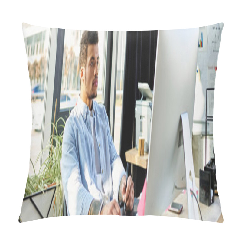 Personality  A Handsome Man Engages With His Computer In A Contemporary Workspace Filled With Greenery. Pillow Covers