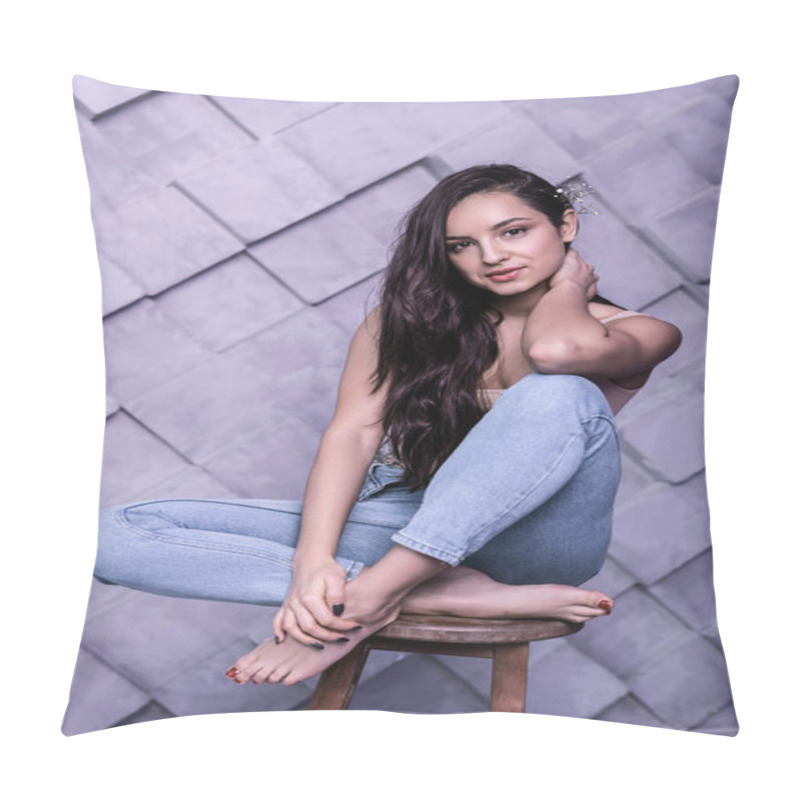 Personality  Alluring Fashion Dark-haired Model Being Photographed In Shooting Studio Pillow Covers