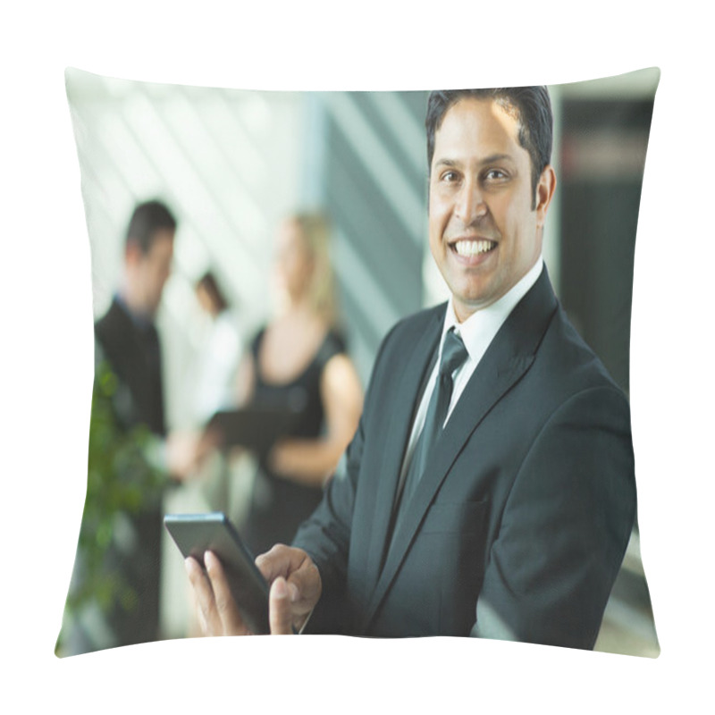 Personality  Young Indian Businessman Working On Tablet Computer Pillow Covers