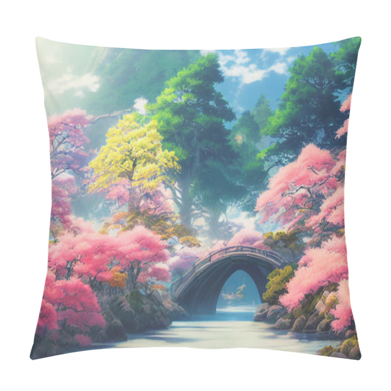 Personality  Japan Anime Scenery Wallpapers Featuring Beautiful Pink Cherry Trees And Mount Fuji In The Background. 3D Render Digital Artwork Painting Pillow Covers