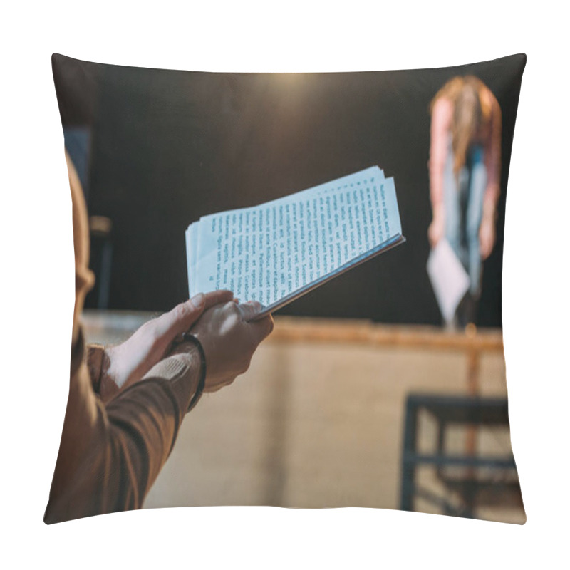 Personality  Selective Focus Of Theater Director With Scenario Applauding To Actress Bowing On Stage Pillow Covers