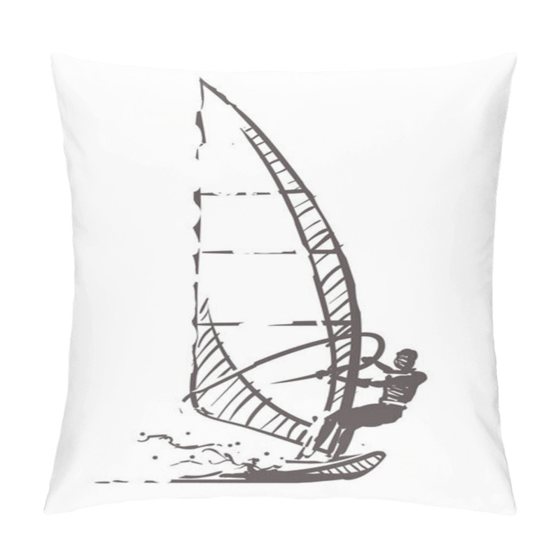 Personality  Sketch Of WindSurfing, Sport And Active Lifestyle. WindSurfing Hand Drawn Isolated Pillow Covers