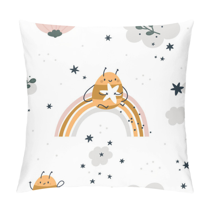 Personality  Seamless Childish Pattern With Cute Bees, Rainbow, Stars And Clouds. Children Background In Pastel Colors. Creative Kids Texture For Print, Textile, Wallpaper, Fabric, Wrapping. Vector Illustration Pillow Covers