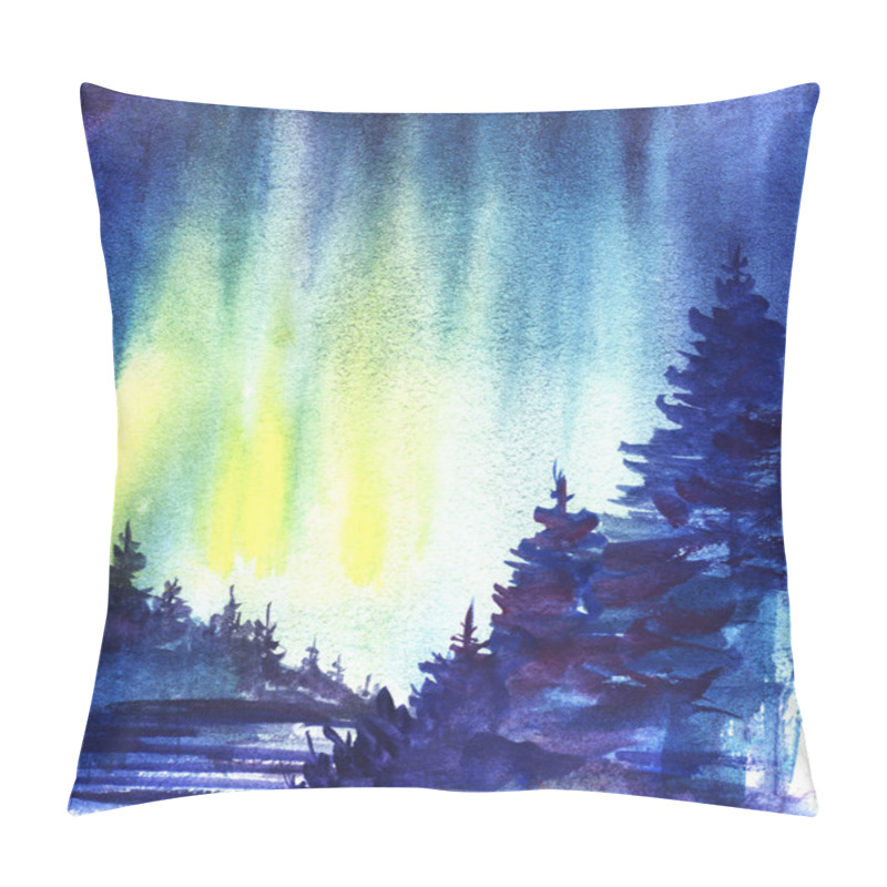 Personality  Winter Landscape. Dark Silhouette Of Spruce Forest, Snow-covered Valley. Northern Lights. Hand-drawn Watercolor Illustration Pillow Covers